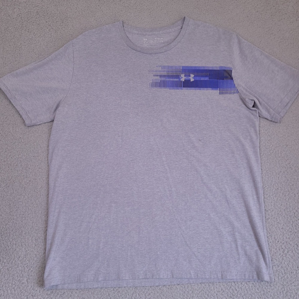 Under Armour T Shirt Mens XL Gray Short Sleeve Graphic Print Logo Loose heatgear